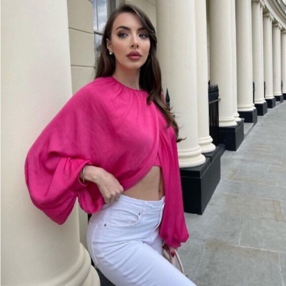ZARA Bloggers Favorite Balloon Sleeve Crop Top Drapey Crossover Hot Pink Sz XL - Picture 7 of 16